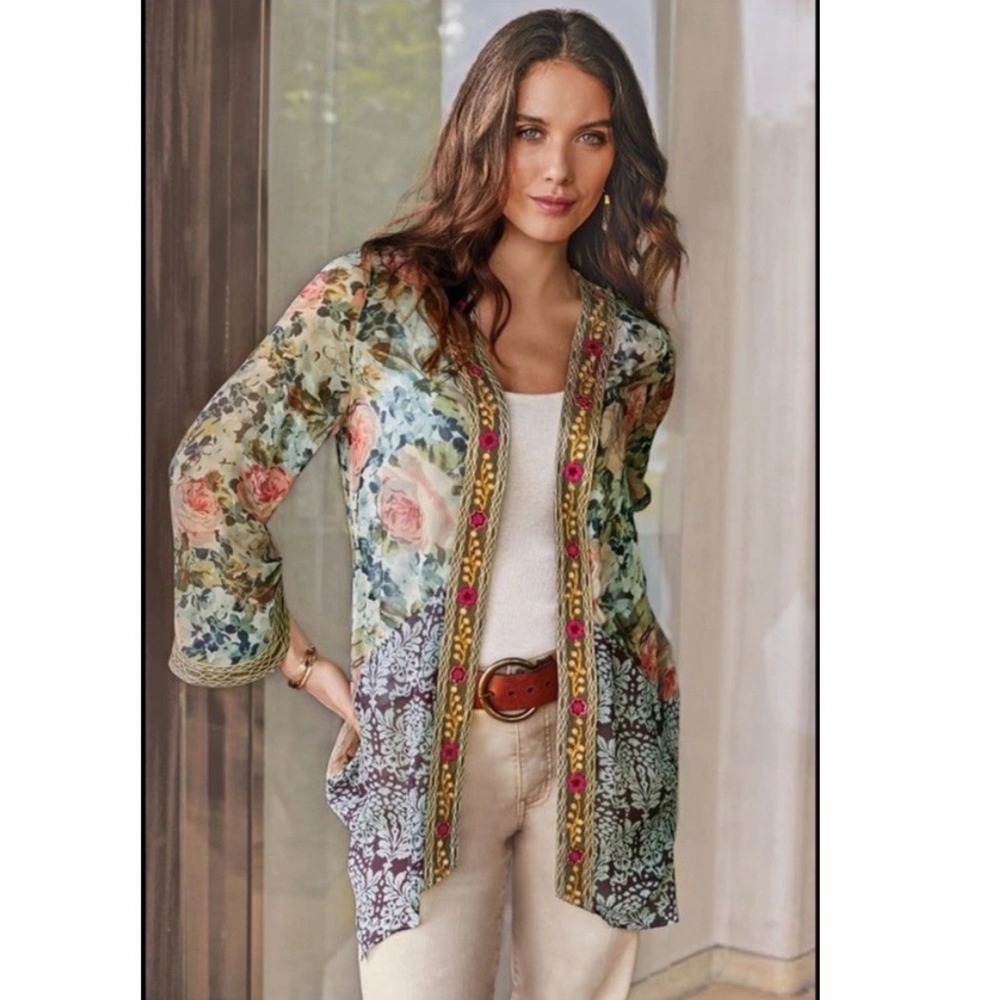 Soft Surroundings Kimono Womens‎ XS Open Cardigan Semi Sheer Floral Embroidered